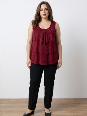 Reitmans 1X Wine Red Ruffle Front Tiered Tank Top Stretch Scoop Neck Plus Size